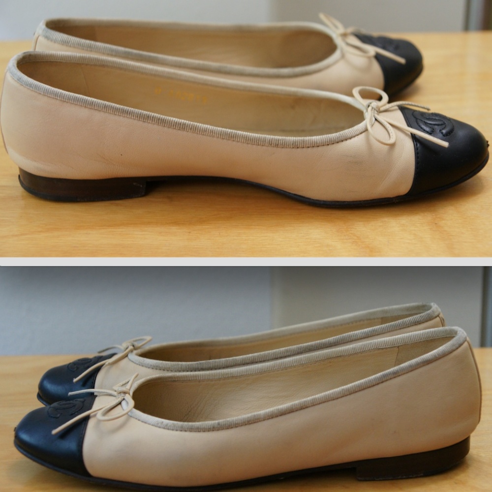 Vintage CHANEL ballet flats beige/black Sz 38 - Picture 3 of 8
